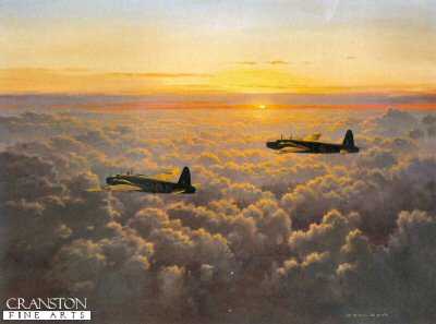 GC602.  Evening Departure by Gerald Coulson. <p>A pair of Wellington bombers of the Royal Air Force head out on a bombing mission. <p><b>Sold out at publisher.  We have the last 120 remaining prints.<b><p> Open edition print. <p> Image size 30 inches x 22 inches (76cm x 56cm)