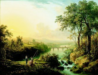 A River Landscape with Children Fishing by Abraham Pether. (GL)