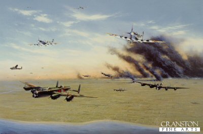 GL6. Returning from Caen by Graeme Lothian. <p> Spitfires from 144 Wing RCAF 2nd TAF led by W/c Johnnie Johnson. Supplying air cover to a mixed force of 942 bombers over Normandy on Operation Goodwood, 18th July 1944. SR-Z of 101 (Special) squadron. Lancasters piloted by Flt Lt George Harris DFC. <b><p>Signed by 3 pilots and 8 bomber crew, one from each of the RAF World War Two bombers: Signed by Flt Lt George Harris DFC (Lancaster), <br> Sqd Ldr Larry Lewis DFC DFM (deceased) (Wellington), <br>Flt Lt Eric Kemp, DFC (deceased) (Halifax), <br>Flt Lt Mike Allen DFC (deceased) (Mosquito), <br>Flt Lt Malcolm Scott DFC (Mitchell), <br>Wg Cdr Peter Ward-Hunt DFC (deceased) (Hampden), <br>Squadron Leader Ian Blair DFM (Blenheim), <br>Ft Lt Arthur Eyton-Jones DFC (Boston), <br>Flight Lieutenant Tom Austin DFC AE (Stirling), <br>Ft Lt Peter Rutter (Whitley), <br>and <br>Flight Lieutenant Larry Robillard (deceased) (Spitfire) <p> Signed limited edition of 300 prints. <p>Image size 24 inches x 15 inches (61cm x 38cm) GL6. Returning from Caen by Graeme Lothian. <p> Spitfires from 144 Wing RCAF 2nd TAF led by W/c Johnnie Johnson. Supplying air cover to a mixed force of 942 bombers over Normandy on Operation Goodwood, 18th July 1944. SR-Z of 101 (Special) squadron. Lancasters piloted by Flt Lt George Harris DFC. <b><p>Signed by 3 pilots and 8 bomber crew, one from each of the RAF World War Two bombers: Signed by Flt Lt George Harris DFC (Lancaster), <br> Sqd Ldr Larry Lewis DFC DFM (deceased) (Wellington), <br>Flt Lt Eric Kemp, DFC (deceased) (Halifax), <br>Flt Lt Mike Allen DFC (deceased) (Mosquito), <br>Flt Lt Malcolm Scott DFC (Mitchell), <br>Wg Cdr Peter Ward-Hunt DFC (deceased) (Hampden), <br>Squadron Leader Ian Blair DFM (Blenheim), <br>Ft Lt Arthur Eyton-Jones DFC (Boston), <br>Flight Lieutenant Tom Austin DFC AE (Stirling), <br>Ft Lt Peter Rutter (Whitley), <br>and <br>Flight Lieutenant Larry Robillard (deceased) (Spitfire) <p> Signed limited edition of 300 prints. <p>Image size 24 inches x 15 inches (61cm x 38cm)