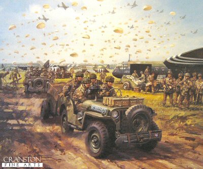 GT85. Operation Market Garden by Michael Turner <p> The opening phase of the epic battle of Arnhem. Airborne troops of the British 1st Parachute Brigade are seen landing on their drop-zone near Wolfheze on 17th September 1944, as glider-borne Jeeps of the 1st Airborne Reconnaissance Squadron lead the seven mile dash to their objective, the bridge over the Lower Rhine at Arnhem. <b><p> Open edition print. <p>Paper size 20 inches x 18 inches (51cm x 45cm) GT85. Operation Market Garden by Michael Turner <p> The opening phase of the epic battle of Arnhem. Airborne troops of the British 1st Parachute Brigade are seen landing on their drop-zone near Wolfheze on 17th September 1944, as glider-borne Jeeps of the 1st Airborne Reconnaissance Squadron lead the seven mile dash to their objective, the bridge over the Lower Rhine at Arnhem. <b><p> Open edition print. <p>Paper size 20 inches x 18 inches (51cm x 45cm)