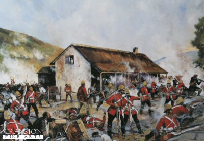 PJA2. Rorkes Drift 22nd January 1879 - Defending the Hospital by Jason Askew. <p>By about 6pm the Zulu attacks had extended all around the front of the post, and fighting raged at hand-to-hand along the mealie-bag wall. Lieutenant Chard himself took up a position on the barricade, firing over the mealie-bags with a Martini-Henry, whilst Lieutenant Bromhead directed any spare men to plug the gaps in the line. The men in the yard and on the front wall were dangerously exposed to the fire of Zulu marksmen posted in the rocky terraces on Shiyane (Oskarsberg) hill behind the post. Several men were hit, including Acting Assistant Commissary Dalton, and Corporal Allen of the 14th. Surgeon Reynolds treated the wounded as best he could despite the fire. Once the veranda at the front of the hospital had been abandoned, the Zulus had mounted a determined attack on the building itself, setting fire to the thatched roof with spears tied with burning grass. The defenders were forced to evacuate the patients room by room, eventually passing them out through a small window into the open yard. Shortly after 6pm Chard decided that the Zulu pressure was too great, and ordered a withdrawal to a barricade of biscuit boxes which had been hastily erected across the yard, from the corner of the store-house to the front mealie-bag wall. In this small compound the garrison would fight for their lives throughout most of the coming night.<b><p>Postcard<p> Postcard size 6 inches x 4 inches (15cm x 10cm) PJA2. Rorkes Drift 22nd January 1879 - Defending the Hospital by Jason Askew. <p>By about 6pm the Zulu attacks had extended all around the front of the post, and fighting raged at hand-to-hand along the mealie-bag wall. Lieutenant Chard himself took up a position on the barricade, firing over the mealie-bags with a Martini-Henry, whilst Lieutenant Bromhead directed any spare men to plug the gaps in the line. The men in the yard and on the front wall were dangerously exposed to the fire of Zulu marksmen posted in the rocky terraces on Shiyane (Oskarsberg) hill behind the post. Several men were hit, including Acting Assistant Commissary Dalton, and Corporal Allen of the 14th. Surgeon Reynolds treated the wounded as best he could despite the fire. Once the veranda at the front of the hospital had been abandoned, the Zulus had mounted a determined attack on the building itself, setting fire to the thatched roof with spears tied with burning grass. The defenders were forced to evacuate the patients room by room, eventually passing them out through a small window into the open yard. Shortly after 6pm Chard decided that the Zulu pressure was too great, and ordered a withdrawal to a barricade of biscuit boxes which had been hastily erected across the yard, from the corner of the store-house to the front mealie-bag wall. In this small compound the garrison would fight for their lives throughout most of the coming night.<b><p>Postcard<p> Postcard size 6 inches x 4 inches (15cm x 10cm)