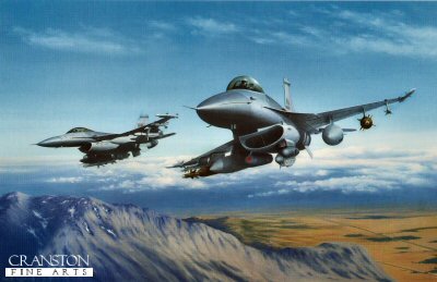 KA3.  Fighting Falcons by Keith Aspinall. <p>F16Cs of the 52nd Fighter Wing and the 31st Fighter Wing in action over the Balkans.<b><p>Open edition print. <p> Image size 14.5 inches x 9.5 inches (37cm x 24cm)