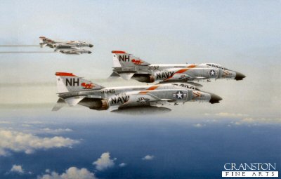 KA25.  High Flying Aardvarks by Keith Aspinall. <p>F-4B Phantoms of VF-114 Aardvarks flying a MIGCAP mission over the Gulf of Tonkin in the spring of 1968.<p><b>Last 10 prints available.</b><b><p>Open edition print.<p>  Image size 14.5 inches x 9.5 inches (37cm x 24cm)