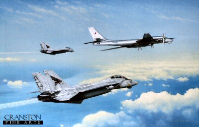 KA26. The Bear and the Tomcats by Keith Aspinall. <p>F-14 Tomcats of VF-143 Pukin Dogs intercept a Russian Tu-95 Bear over the Mediterranean during the Cold War.<p><b>Last 15 prints available.</b><b><p> Open edition print. <p> Image size 14.5 inches x 9.5 inches (37cm x 24cm)