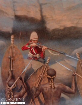 L7AP. Last of the 24th by Stuart Liptrot. <p> At the end of the Battle of Isandhlwana, the last few soldiers of the South Wales Borderers, 24th Regiment of Foot, hold out till their last rounds of ammunition in the foothills of the mountain. <b><p>  Limited edition of 50 artist proofs.  <p>Image size 12 inches x 8 inches (31cm x 20cm)