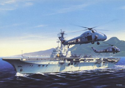 P1053.  HMS Bulwark at Hong Kong by Ivan Berryman. <p>Shown here flying of Wessex HU MK5s of No. 846 Squadron  A veteran of the Suez crisis during which time she operated of Grumman Avengers and sea hawks, HMS Bulwark was reduced to training status during 1957. but re emerged as a Commando carrier. Further modifications in late 1970 saw her refitted as a full ASW carrier in which guise she served until the introduction in 1980 of HMS Invincible.<b><p>Postcard<p> Postcard size 6 inches x 4 inches (15cm x 10cm)