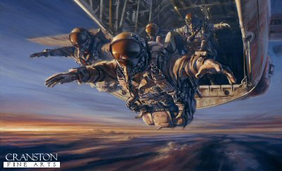 SB8. Special Forces HALO by Stuart Brown. <p> A four-man Special Forces patrol exit a C-130 Hercules to perform a HALO freefall insertion from 25,000ft.  HALO (High Altitude, Low Opening) operations enable Special Forces to be covertly inserted into hostile territory, often under the cover of darkness. Equipped with oxygen and heavily laden with weapons, ammunition, explosives, task specific equipment and other supplies. <b><p> Signed limited edition of 850 prints.<p> Image size 23 inches x 14 inches (59cm x 36cm)