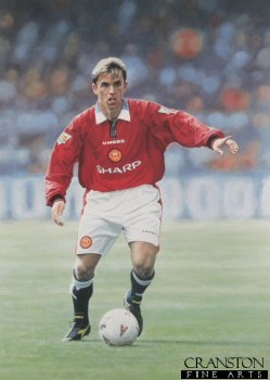 SG20. Phil Neville by Keith Fearon. <p> Phil Neville made his international debut at an even younger age than brother Gary, when still only just 19 years old. By doing so he and his sibling became the first brothers to play for England since the legendary Charltons in the 1960s. Although predominantly a left back, Phil has proved on countless occasions that he is also extremely comfortable at going forward. Since his arrival on the domestic scene he has overcome both injury and serious illness and looks destined to fill the position currently filled by long serving Denis Irwin. <b><p> Signed by Phil Neville. <p> Limited edition of 495 prints.  <p>  Image size 18 inches x 25.5 inches (46cm x 65cm)