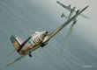   Flight Lieutenant Ian <i>Widge</i> Gleed is depicted in his personal Hurricane 1 P2798 (LK-A) of 87 Sqn shooting down a Messerschmitt Bf.110 on 15th August 1940.  Just visible beneath the cockpit of the Hurricane is his mascot, Figaro, shown kicking a swastika.  His aircraft was also easily identifiable by the red flash on its nose, a feature that was retained even when P2798 was painted all black for its night fighter role. Gleed scored many victories before being shot down and killed whilst flying a Spitfire Vc in the Western Desert in April 1943. 