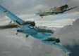  Flying as Leader of B Flight, 41 Sqn, on 15th August 1940, Pilot Officer Ted Shipman and the rest of his flight found themselves among a mass of Messerschmitt Bf.110s that had been detailed to escort a bomber force of Heinkel He111s on a raid on the North of England.  Having made one head-on attack on one of the Bf.110s, Shipman manoeuvred his Spitfire Mk.1 onto the tail of another and fired a long burst into it.  This was M8+CH of Oberleutnant Hans-Ulrich Kettling of 1./ZG76 and rear Gunner / Radio Operator O/ Gefr Volk, whose starboard engine burst into flames and disappeared into the dense cloudbase.  Shipman claimed this initially as a probable, but it was later confirmed as a victory when the aircraft was found to have crash landed at Streatham Nr Barnard Castle.  Spitfire K9805 (EB-L) is depicted breaking off the attack as Kettling's stricken Bf.110 begins to burn.  Ted Shipman would go on to serve with the Royal Air Force until December 1959 retiring as a Wing Commander.  Ted would also go onto become friends with  Hans-Ulrich Kettling, the pilot he shot down. 