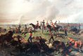 The Duke of Wellington with his aides is shown with the Guards regiments near the end of the Battle of Waterloo. 