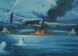  Avro Lancaster AJ-P of Flt. Lt. Martin 617 Squadron releases the bomb that successfully breaches the Mohne dam. In the foreground the electrical substation is burning from a previous attack by Flt.Lt. Hopgood. 