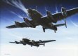  Halifaxes of No.76 Squadron RAF en route to another night bombing raid over Germany.  The lead aircraft here has code MP-L.  Serial numbers for aircraft were unique, but codes like MP-L were transferred after an aircraft was lost.  A total of 10 aircraft carrying the codes MP-L were lost from No.76 Squadron.  <br>These aircraft were : <br><br>L9530 : Shot down 12th-13th August 1941. <br>R9452 : Crashed 12th-13th April 1942.<br>W7660 : Shot down 19th-20th August 1942. <br>W7678 : Lost 3rd-4th March 1943.<br>DK172 : Shot down 23rd-24th May 1943.<br>DK200 : Crashed 11th-12th June 1943.<br>LK922 : Shot down 21st-22nd January 1944.<br>LK789 : Shot down 24th-25th April 1944.<br>MZ622 : Crashed 24th-25th May 1944.<br>LL579 : Crashed 27th February 1945. 