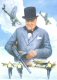 Winston Churchill is shown with a background of Stuka dive bombers and Royal Air Force fighter pilots scrambling to their Hurricanes and Spitfires. This image symbolises the Battle of Britain. 