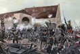  The final attack of the farm of La Haye Sainte by the 13th Legere Regiment, personally commanded by Marshal Ney. The farmhouse was defended by the 2nd Light Battalion of the King's German Legion under Baring, who were forced to retreat after expending all of their ammunition.