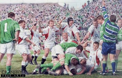 SPC425. 2003 Grand Slam. <p>On three occasions since their last Grand Slam in 1995 the England team had come within a whisker of completing another dream.  During this important build up towards the world cup England finally laid their ghost to rest.  After six years under the guidance of Head Coach Clive Woodward England, having beaten the big three from the Southern Hemisphere in a back-to-back series of matches at Twickenham, reached number one in the Zurich world ranking.  This Grand Slam, a wonderful achievement in itself, underlined Englands worldwide dominance.  <p><br>England 25 - France 17, Wales 9 - England 26, England 40 - Italy 5, England 40 - Scotland 9, Ireland 6 - England 42.<b><p>Signed by Matt Dawson.<p>Signed limited edition of 495 prints. <p>  Paper size 19.5 inches x 27.5 inches (50cm x 70cm)