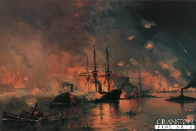 VAR219.  Battle of New Orleans. <p>During the American Civil war , the Union navy attacked the Confederate defences around New Orleans.  The Confederates were commanded by Major General Mansfield Lovell who was in New Orleans.  The Union ships encountered the River Defense Fleet and CSS Manassas.  While the gunboats were easily dealt with, Manassas attempted to ram USS Pensacola, but missed the ship and continued downstream, but managed to manouver to ram the Union ship USS Brooklyn.  The Manassas rammed the Brooklyn but failed to strike a fatal blow as it hit Brooklyns full coal bunkers.  The Manassas was downstream of the Union fleet now and was unable to make enough speed against the current to engage the Union ships again.  As a result, its captain ran it aground where it was destroyed by Union gun fire.<p>This print has no text in the small white norder under the image.<b><p>Open edition print. <p> Image size 12 inches x 8 inches (31cm x 20cm)
